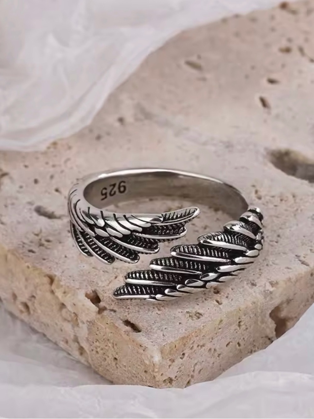 925 Sterling Silver Angel Wing Feather Adjustable Ring Oxidized Boho Statement